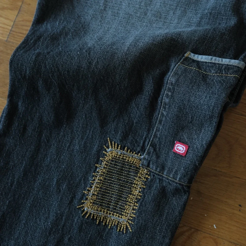Ecko Unltd Jeans Mens 36 Black Patchwork Side-Out Y2K Streetwear Baggy Denim